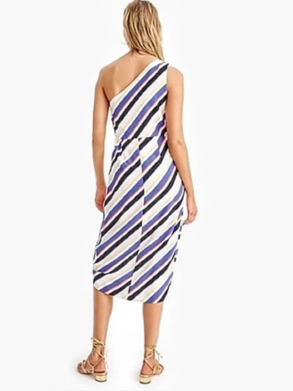 J Crew Sz 6 One-Shoulder Striped Midi Dress in White and Navy Blue